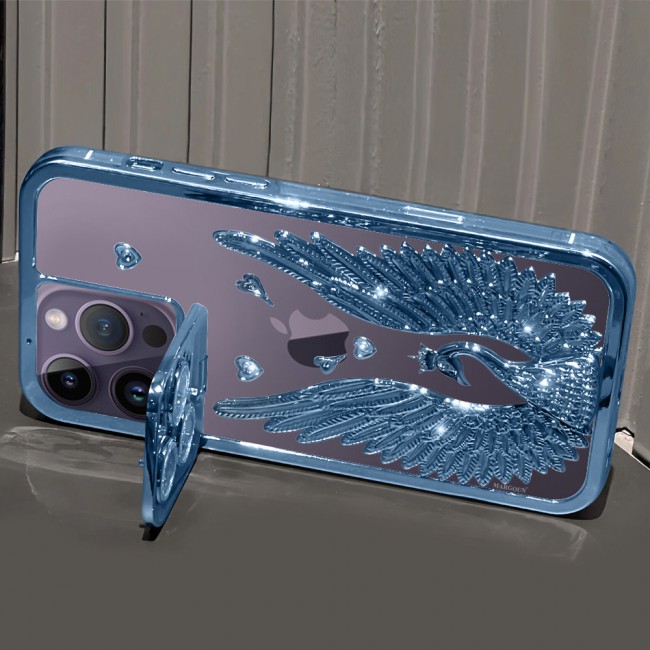 MARGOUN For iPhone 14 Pro Max Case Luxury Electroplate Diamond Angel Wings Glitter Clear Phone Cover (Blue, 14 Pro Max)