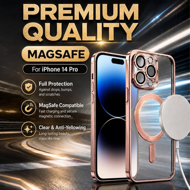 MARGOUN MagSafe Magnetic Clear for iPhone 14 Pro Case – Slim Shockproof Protective Cover with Bumper and Camera Lens Protection - Rose Gold