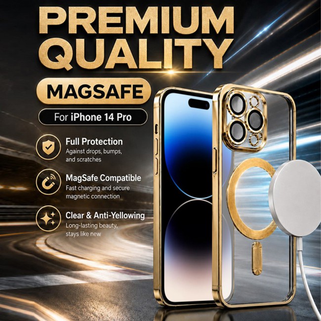 MARGOUN MagSafe Magnetic Clear for iPhone 14 Pro Case – Slim Shockproof Protective Cover with Bumper and Camera Lens Protection - Gold