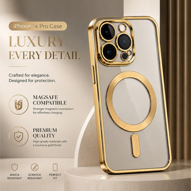 MARGOUN MagSafe Magnetic Clear for iPhone 14 Pro Case – Slim Shockproof Protective Cover with Bumper and Camera Lens Protection - Gold