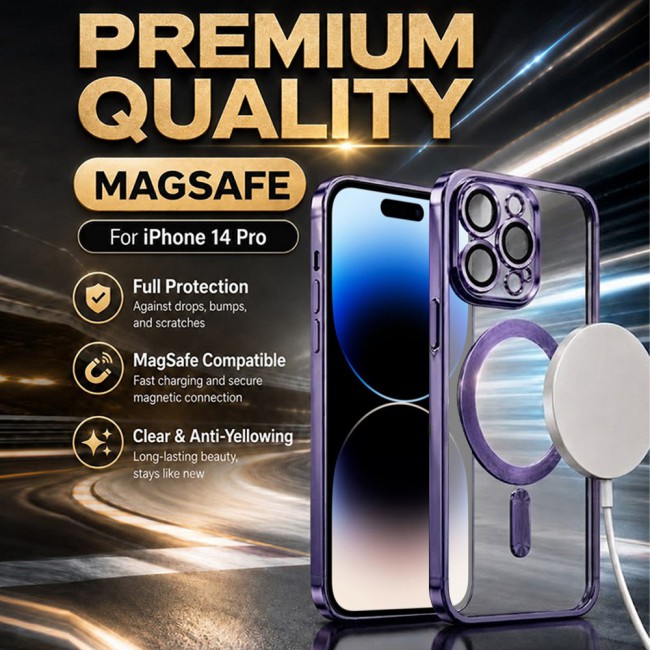 MARGOUN MagSafe Magnetic Clear for iPhone 14 Pro Case – Slim Shockproof Protective Cover with Bumper and Camera Lens Protection - Purple