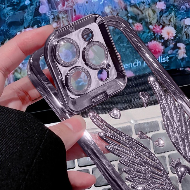 MARGOUN For iPhone 15 Pro Case Luxury Electroplate Diamond Angel Wings Glitter Clear Phone Cover (Purple, 15 Pro)