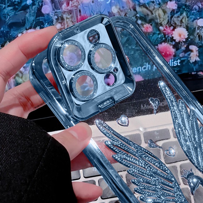 MARGOUN For iPhone 15 Pro Case Luxury Electroplate Diamond Angel Wings Glitter Clear Phone Cover (Blue, 15 Pro)