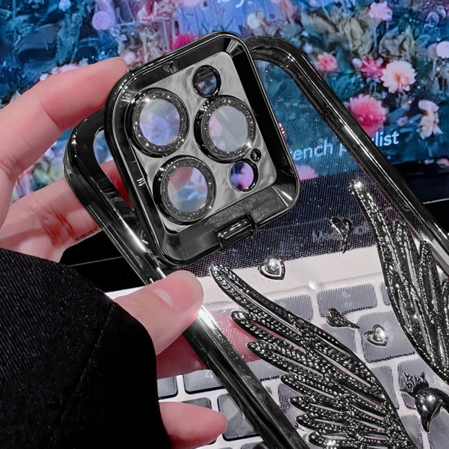 MARGOUN For iPhone 15 Pro Case Luxury Electroplate Diamond Angel Wings Glitter Clear Phone Cover (Black, 15 Pro)