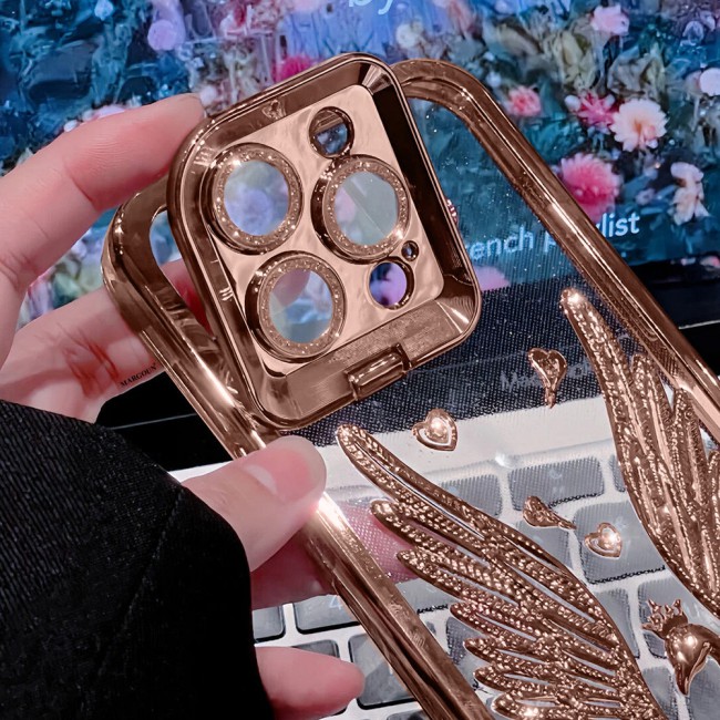MARGOUN For iPhone 15 Pro Case Luxury Electroplate Diamond Angel Wings Glitter Clear Phone Cover (Rose Gold, 15 Pro)