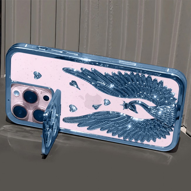 MARGOUN For iPhone 15 Pro Max Case Luxury Electroplate Diamond Angel Wings Glitter Clear Phone Cover (Blue, 15 Pro Max)