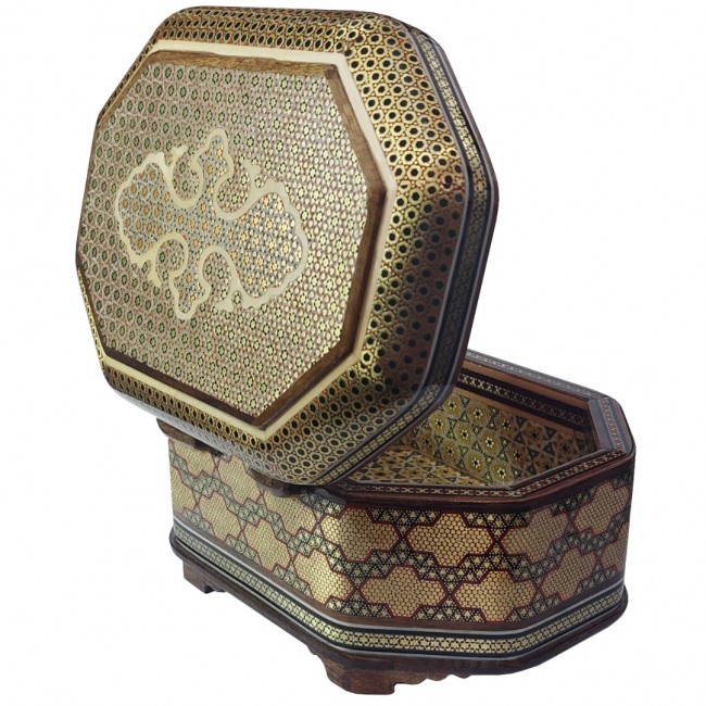 MARGOUN Persian Handmade Khatamkari Inlaid Wooden Jewelry Box, Octagonal Decorative Keepsake Box, Authentic Middle Eastern Marquetry Art, 17x13x11 cm