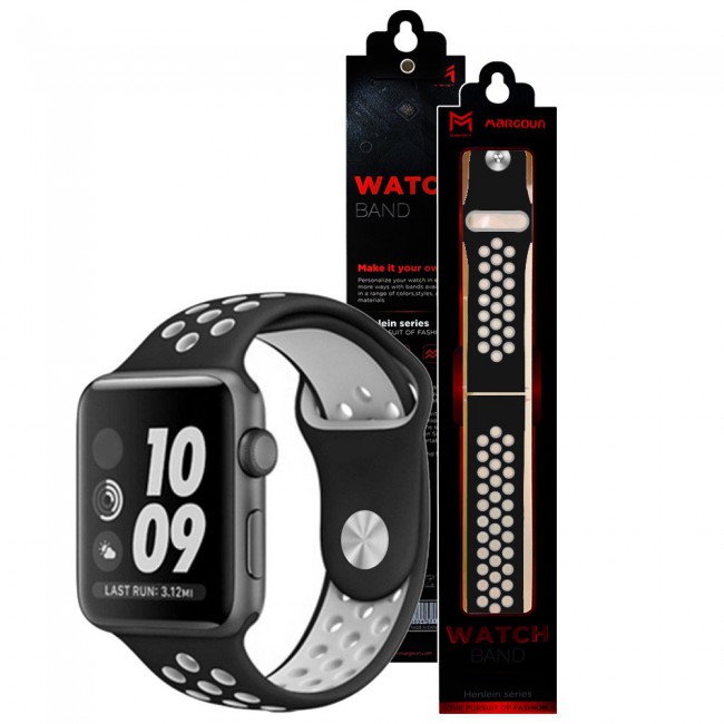 Apple Watch Band 38-40-41mm Silicone Nike Design Strap Henlein Series by Margoun - Black Grey