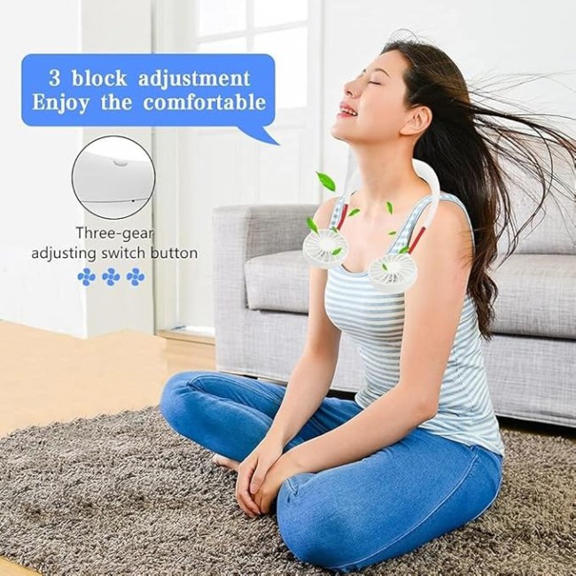 MARGOUN Mini Neck Hanging Sports Fan, Portable Wearable Fan USB Cold Fan Hands Free Neck Fan Hanging Rechargeable Mini Sports Fan 3-speed Adjustable Neck Dual Fan Home Office - White