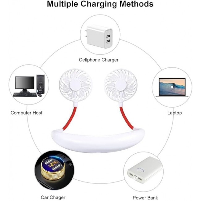 MARGOUN Mini Neck Hanging Sports Fan, Portable Wearable Fan USB Cold Fan Hands Free Neck Fan Hanging Rechargeable Mini Sports Fan 3-speed Adjustable Neck Dual Fan Home Office - White