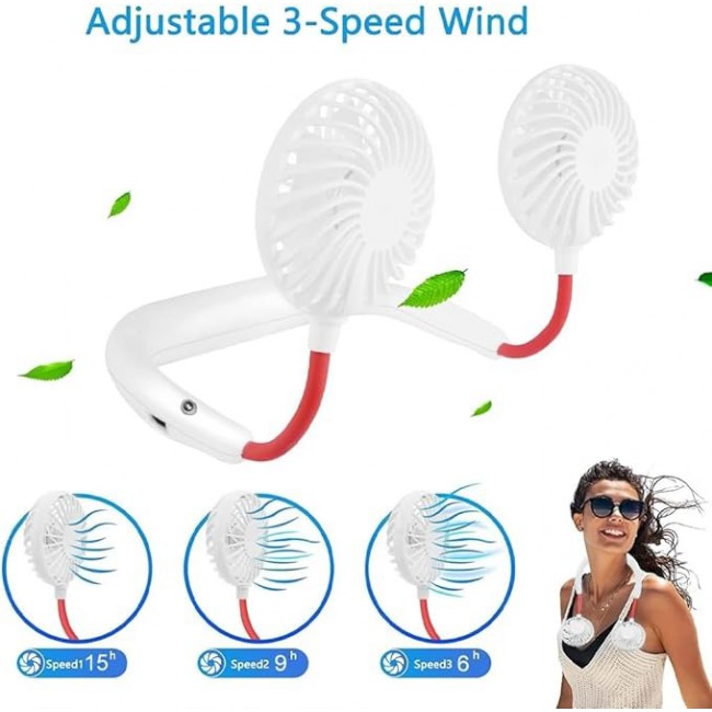 MARGOUN Mini Neck Hanging Sports Fan, Portable Wearable Fan USB Cold Fan Hands Free Neck Fan Hanging Rechargeable Mini Sports Fan 3-speed Adjustable Neck Dual Fan Home Office - White
