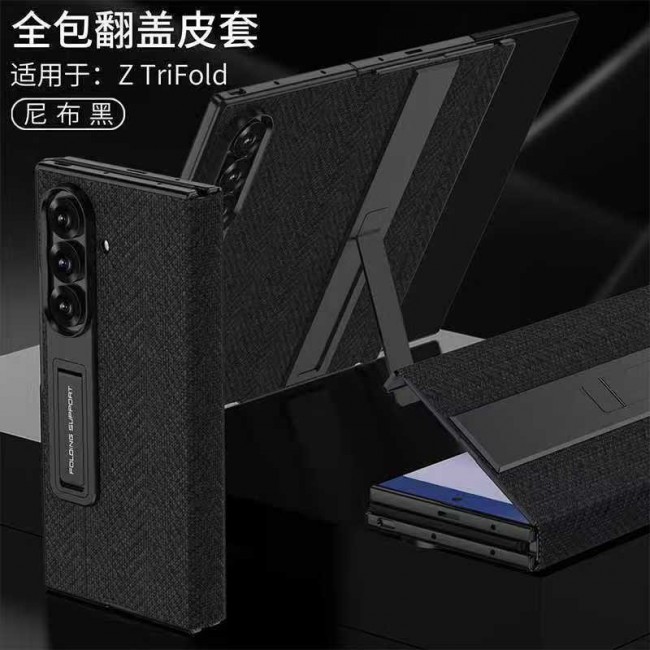Kickstand Flip Case Alcatntra for Samsung Galaxy Z TriFold – Fabric Texture, Shockproof and Camera Protection, Black