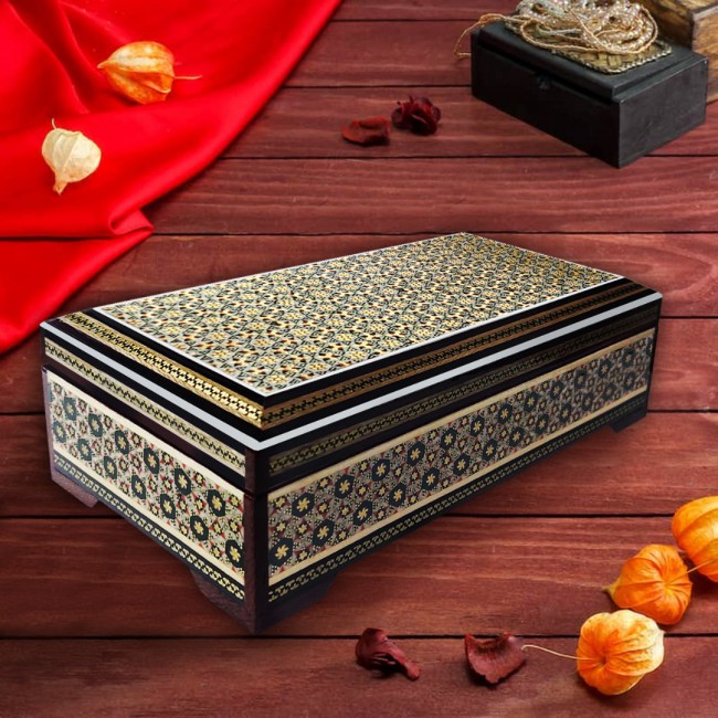 MARGOUN Handmade Khatamkari Inlaid Wooden Jewelry Box, Decorative Keepsake Box, Authentic Middle Eastern Marquetry Art, 20x10x5.5 cm -A