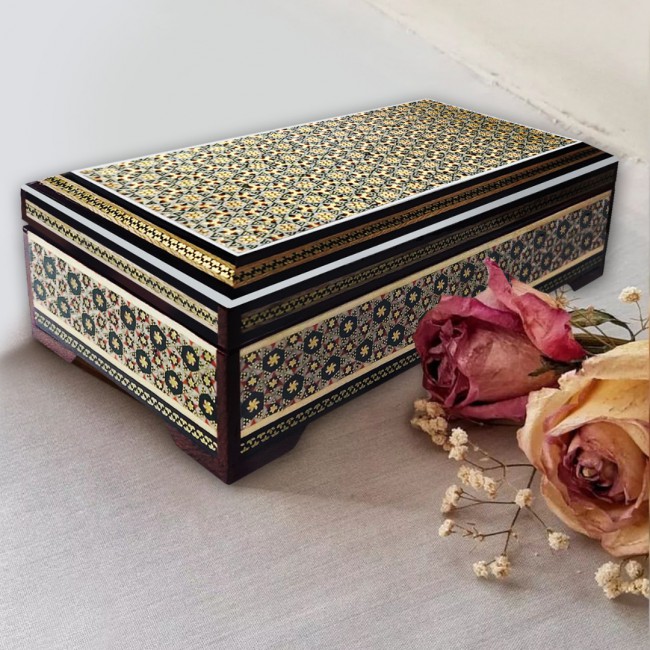 MARGOUN Handmade Khatamkari Inlaid Wooden Jewelry Box, Decorative Keepsake Box, Authentic Middle Eastern Marquetry Art, 20x10x5.5 cm -A