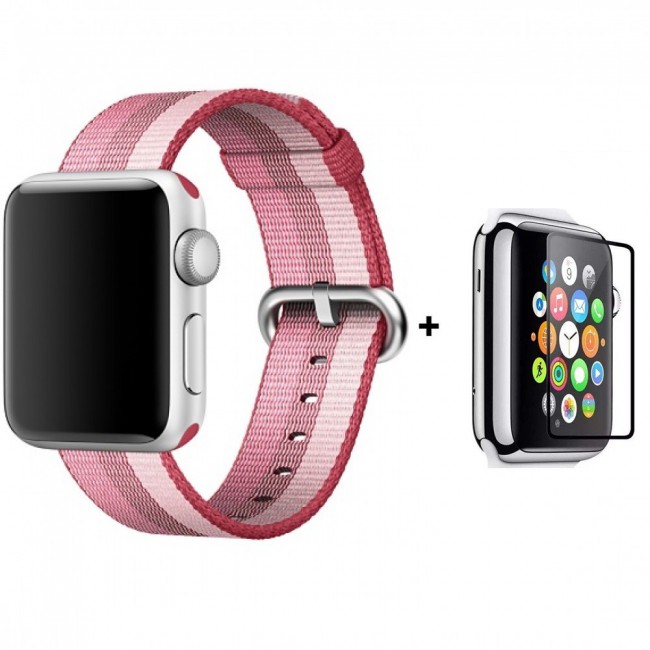 Margoun Fine Woven Nylon Apple Watch Band with Glass Screen Protector – 38/40/42/44mm, Green / Blue / Pink / Beige