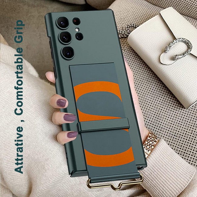 MARGOUN Samsung Galaxy S24 Ultra Case Ultra-Thin Hard Shockproof PC and PU Leather Wristband Cover Phone Case Luxury Slim Wrist Strap Kickstand Full Protective Anti-Scratch Case Green