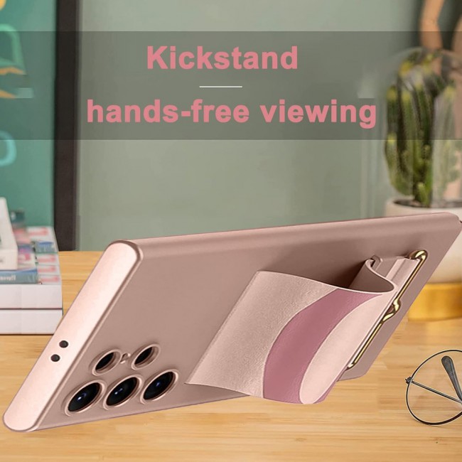 MARGOUN Samsung Galaxy S24 Ultra Case Ultra-Thin Hard Shockproof PC and PU Leather Wristband Cover Phone Case Luxury Slim Wrist Strap Kickstand Full Protective Anti-Scratch Case Pink