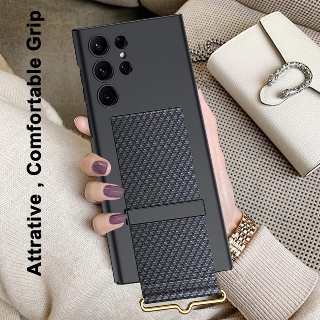 MARGOUN Samsung Galaxy S24 Ultra Case Ultra-Thin Hard Shockproof PC and PU Leather Wristband Cover Phone Case Luxury Slim Wrist Strap Kickstand Full Protective Anti-Scratch Case Black