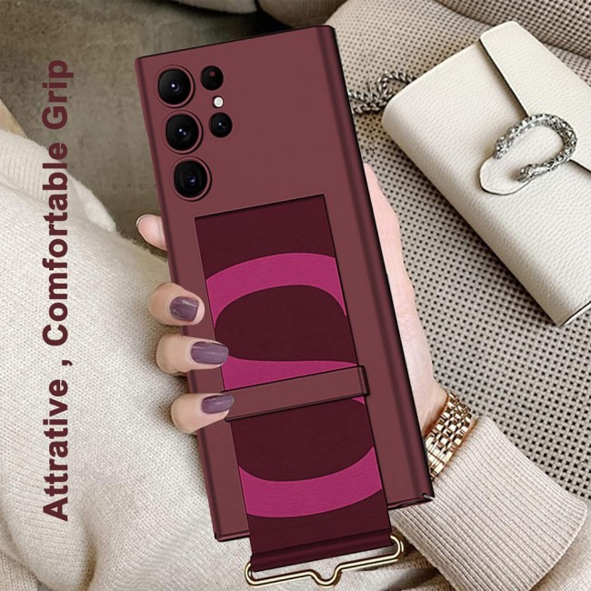 MARGOUN Samsung Galaxy S24 Ultra Case Ultra-Thin Hard Shockproof PC and PU Leather Wristband Cover Phone Case Luxury Slim Wrist Strap Kickstand Full Protective Anti-Scratch Case Red