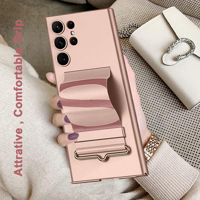 MARGOUN Samsung Galaxy S24 Ultra Case Ultra-Thin Hard Shockproof PC and PU Leather Wristband Cover Phone Case Luxury Slim Wrist Strap Kickstand Full Protective Anti-Scratch Case Pink