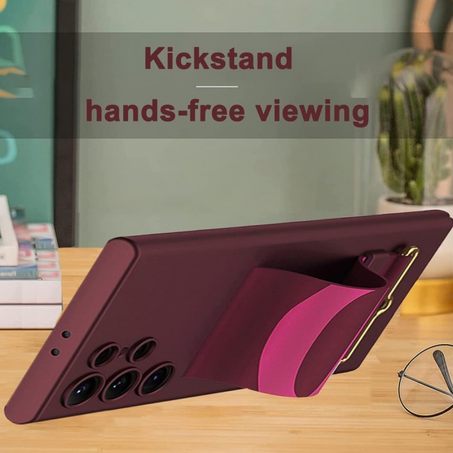 MARGOUN Samsung Galaxy S24 Ultra Case Ultra-Thin Hard Shockproof PC and PU Leather Wristband Cover Phone Case Luxury Slim Wrist Strap Kickstand Full Protective Anti-Scratch Case Red