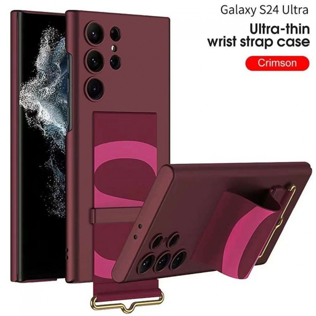 MARGOUN Samsung Galaxy S24 Ultra Case Ultra-Thin Hard Shockproof PC and PU Leather Wristband Cover Phone Case Luxury Slim Wrist Strap Kickstand Full Protective Anti-Scratch Case Red