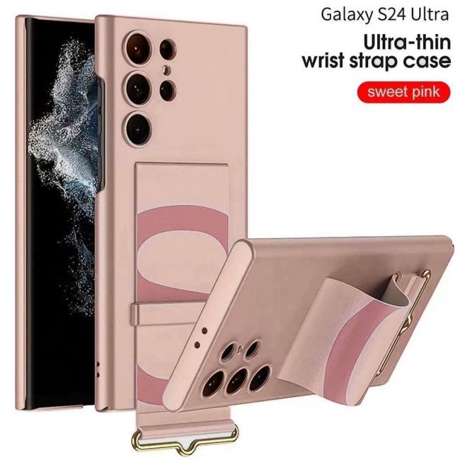 MARGOUN Samsung Galaxy S24 Ultra Case Ultra-Thin Hard Shockproof PC and PU Leather Wristband Cover Phone Case Luxury Slim Wrist Strap Kickstand Full Protective Anti-Scratch Case Pink