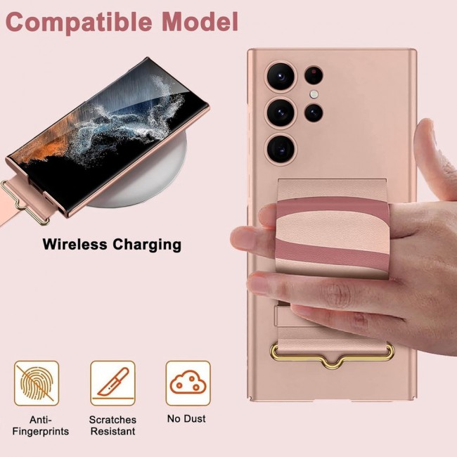 MARGOUN Samsung Galaxy S24 Ultra Case Ultra-Thin Hard Shockproof PC and PU Leather Wristband Cover Phone Case Luxury Slim Wrist Strap Kickstand Full Protective Anti-Scratch Case Pink