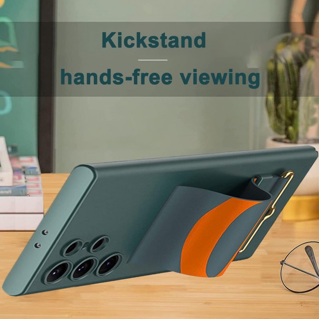 MARGOUN Samsung Galaxy S24 Ultra Case Ultra-Thin Hard Shockproof PC and PU Leather Wristband Cover Phone Case Luxury Slim Wrist Strap Kickstand Full Protective Anti-Scratch Case Green