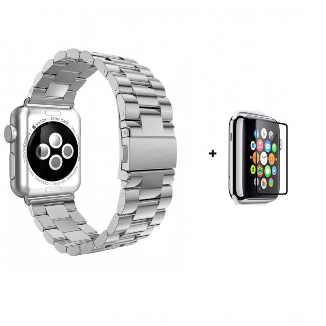 Margoun Stainless Steel Buckle Band Strap with Glass Screen Protector for Apple Watch – 42/44mm – Gold / Black / Grey / Rose Gold