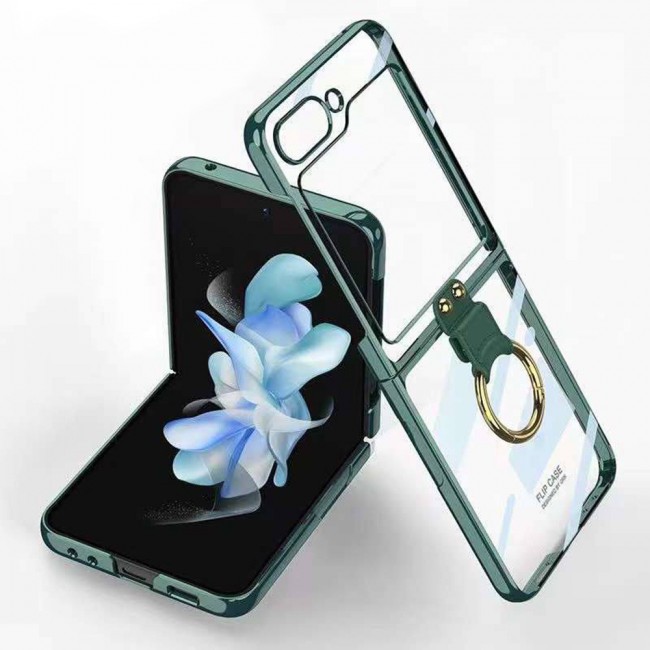 MARGOUN For Samsung Galaxy Z Flip 5 Case with Ring, Ultra Thin Transparent Plated PC Crystal Cover Anti-Scratch Shockproof Phone Case/Green