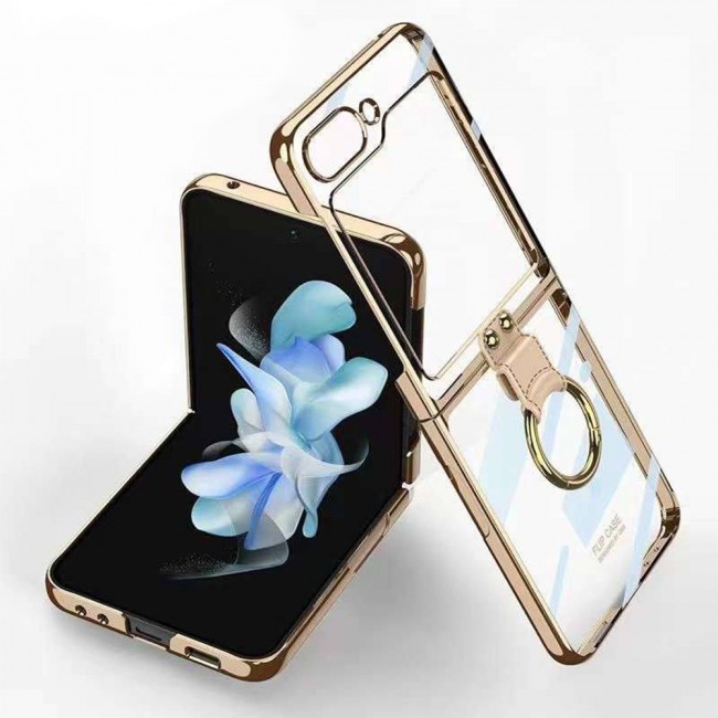 MARGOUN For Samsung Galaxy Z Flip 5 Case with Ring, Ultra Thin Transparent Plated PC Crystal Cover Anti-Scratch Shockproof Phone Case/Gold