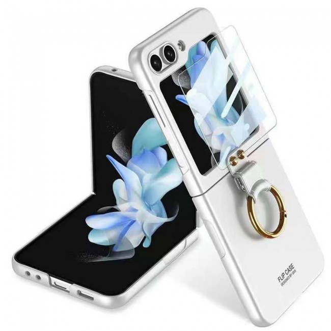 MARGOUN For Samsung Galaxy Z Flip 5, Ultra-thin Hard PC+ Tempered glass film Combination, Anti-Scratch, With Ring Sleeve, Shockproof Cover/White