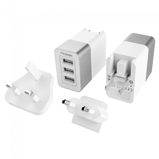 Mcdodo 3-USB Port 3.4A Travel Charger with UK/EU Plug – Black , White