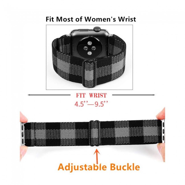 Apple Watch Band 42-44-45mm Elastic Fabric Nylon Cloth Strap - Plaid Black Grey