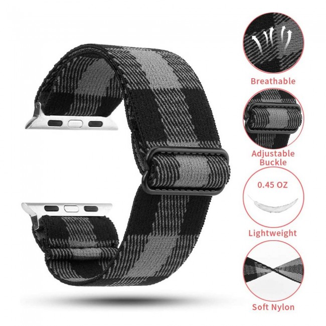 Apple Watch Band 42-44-45mm Elastic Fabric Nylon Cloth Strap - Plaid Black Grey