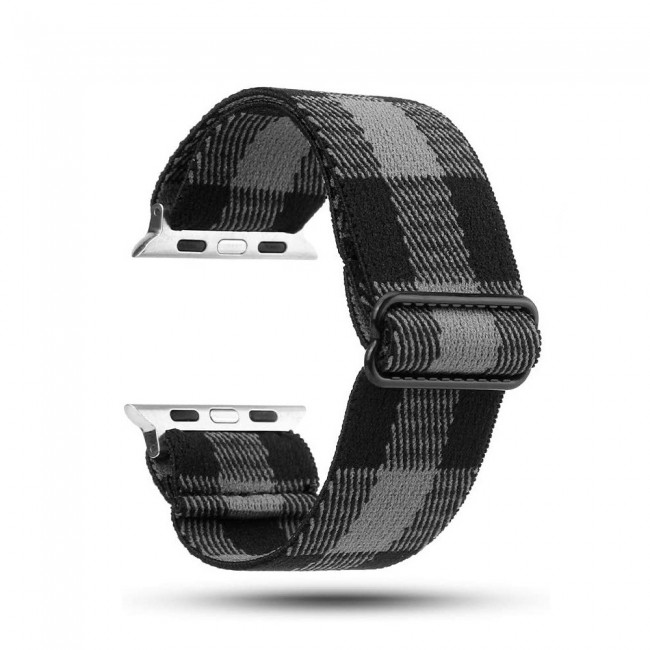 Apple Watch Band 42-44-45mm Elastic Fabric Nylon Cloth Strap - 2Pack Plaid Black White Grey