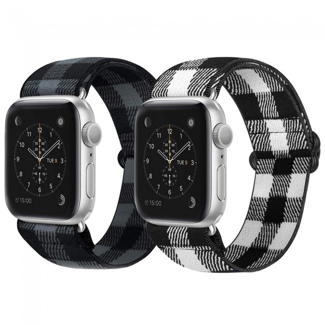 Apple Watch Band 42-44-45mm Elastic Fabric Nylon Cloth Strap - 2Pack Plaid Black White Grey