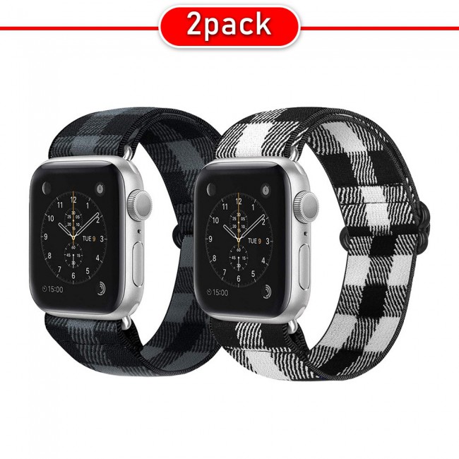 Apple Watch Band 42-44-45mm Elastic Fabric Nylon Cloth Strap - 2Pack Plaid Black White Grey