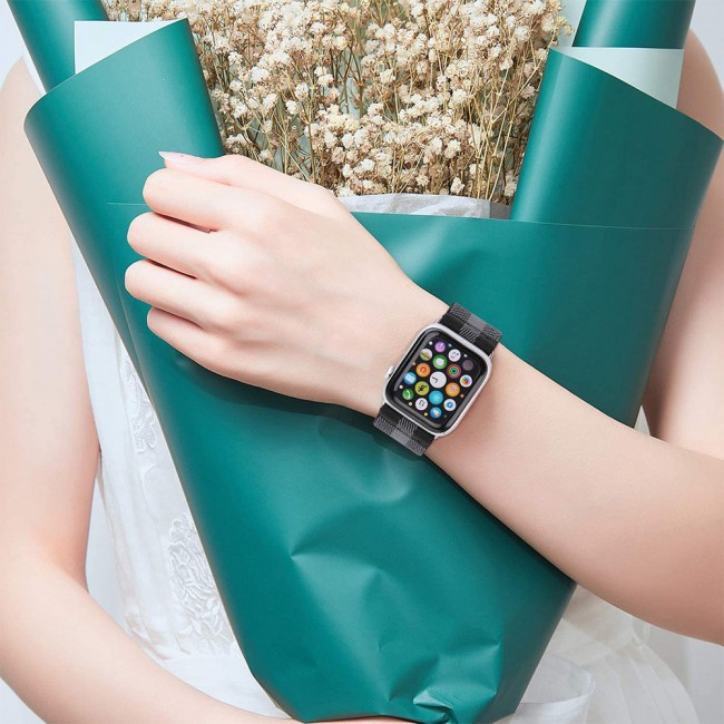 Apple Watch Band 42-44-45mm Elastic Fabric Nylon Cloth Strap - Plaid Black Grey