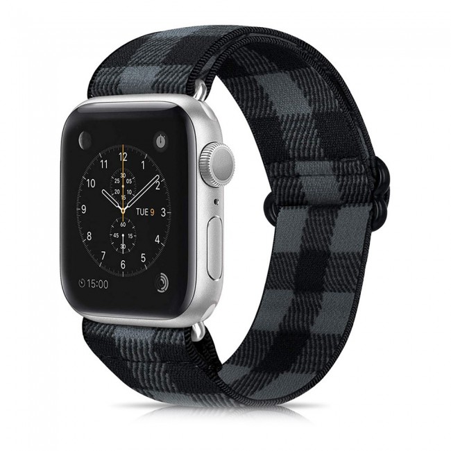 Apple Watch Band 42-44-45mm Elastic Fabric Nylon Cloth Strap - Plaid Black Grey