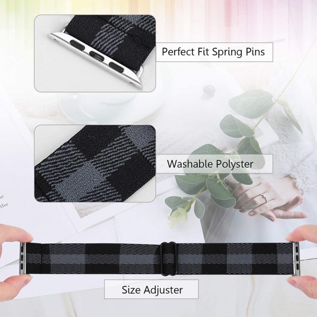 Apple Watch Band 42-44-45mm Elastic Fabric Nylon Cloth Strap - Plaid Black Grey