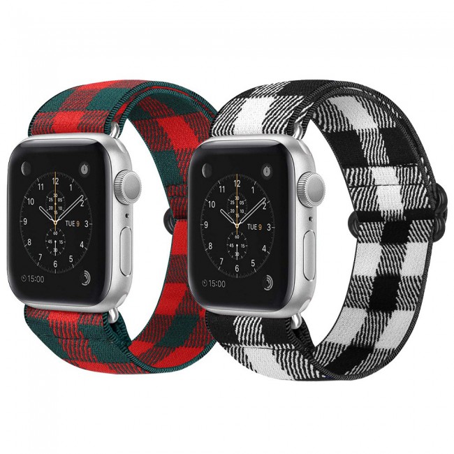 Apple Watch Band 42-44-45mm Elastic Fabric Nylon Cloth Strap - 2Pack Plaid Green Red and Black White