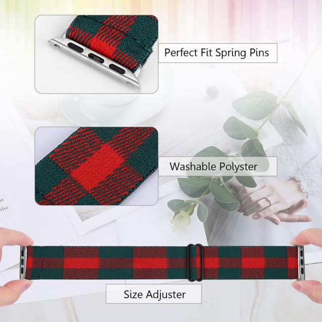 Apple Watch Band 42-44-45mm Elastic Fabric Nylon Cloth Strap - Plaid Green Red