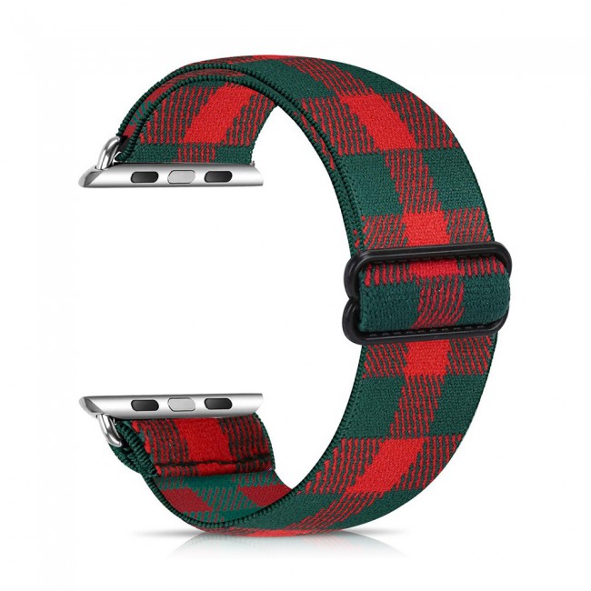 Apple Watch Band 42-44-45mm Elastic Fabric Nylon Cloth Strap - Plaid Green Red