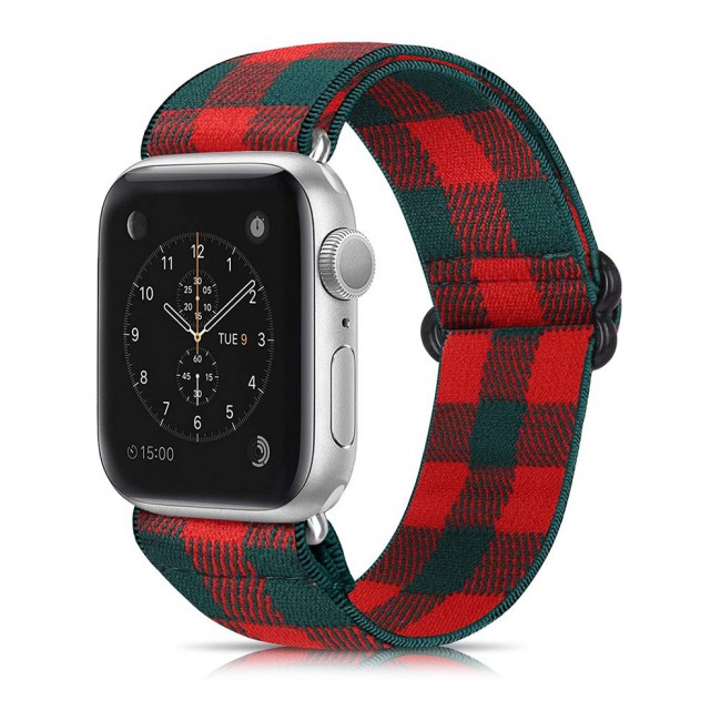 Apple Watch Band 42-44-45mm Elastic Fabric Nylon Cloth Strap - Plaid Green Red