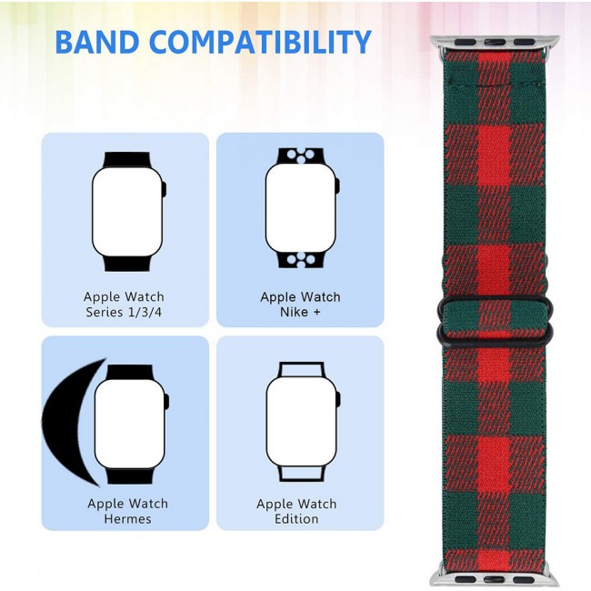 Apple Watch Band 42-44-45mm Elastic Fabric Nylon Cloth Strap - Plaid Green Red