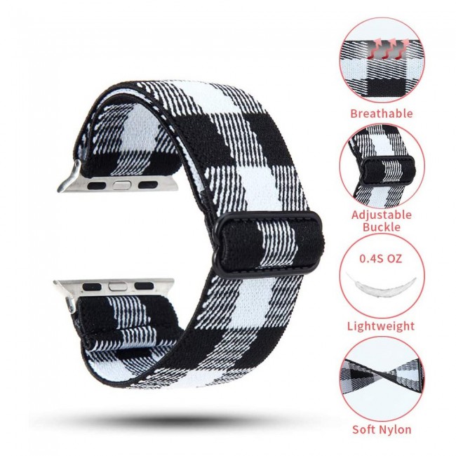 Apple Watch Band 42-44-45mm Elastic Fabric Nylon Cloth Strap - Plaid Black White