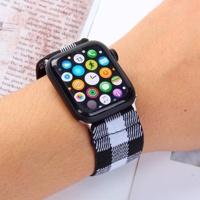 Apple Watch Band 42-44-45mm Elastic Fabric Nylon Cloth Strap - Plaid Black White