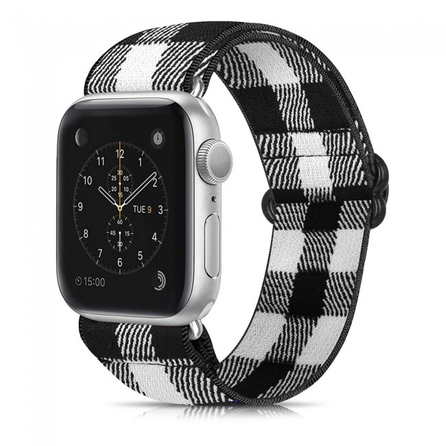 Apple Watch Band 42-44-45mm Elastic Fabric Nylon Cloth Strap - Plaid Black White